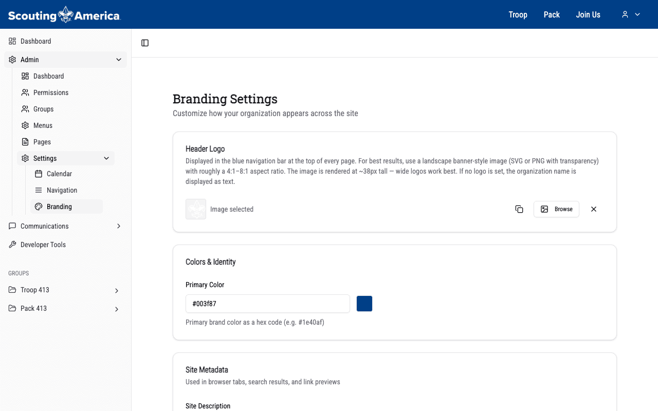 Branding settings page