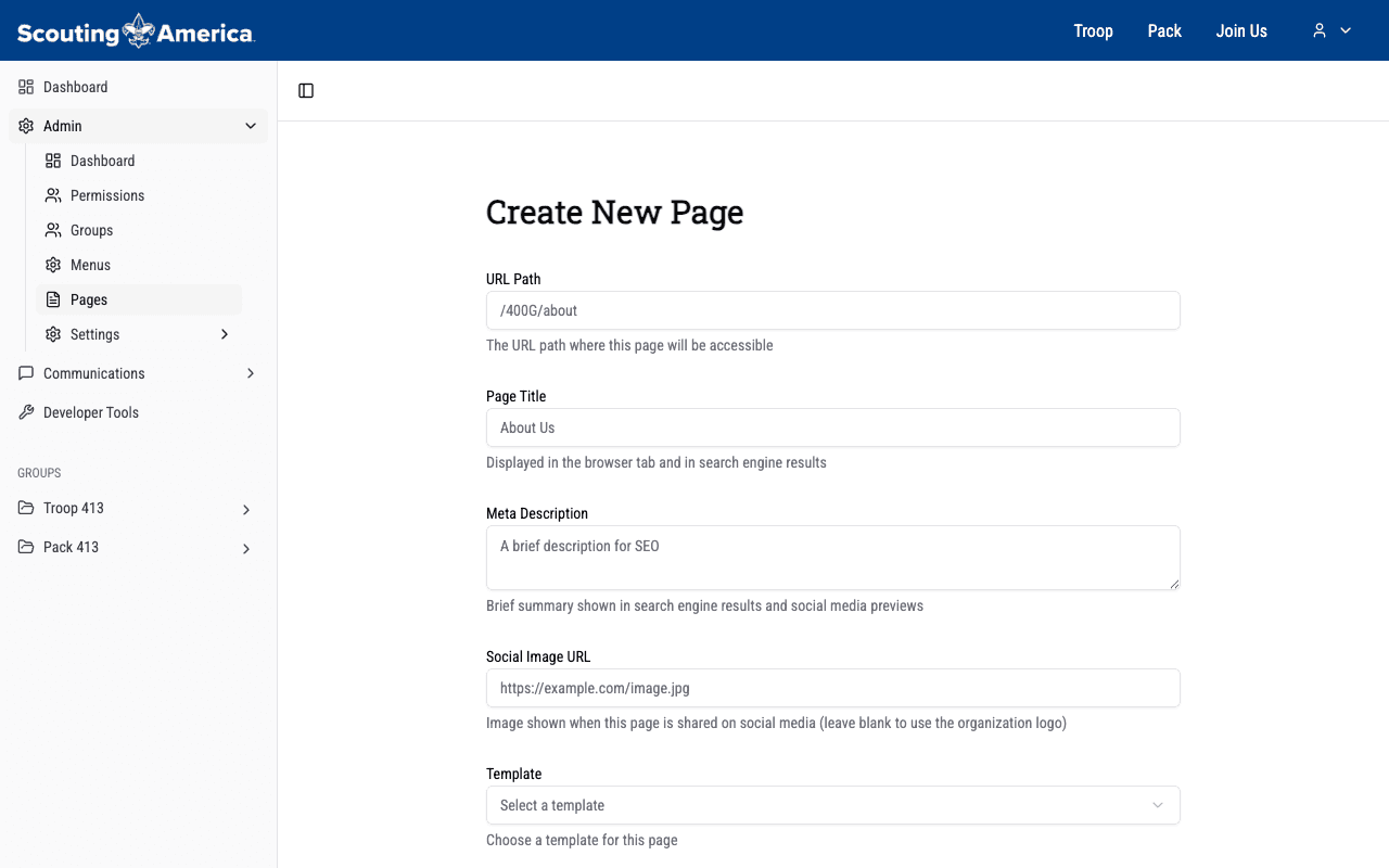 Creating a new page
