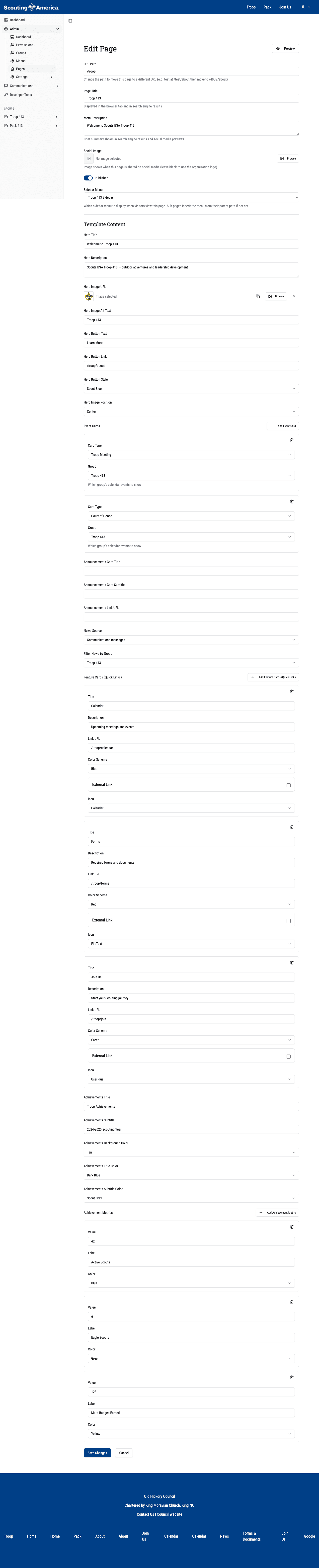 Page editor showing the sidebar menu dropdown